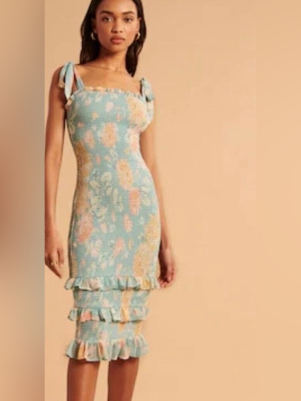 Abercrombie & Fitch|Strapless Smocked floral midi dress,tiered ruffles•XS,Trendy